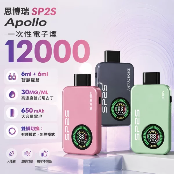 SP2S 12000口拋棄式電子煙【有煙+無煙】兩檔調節 | 雙口味混搭